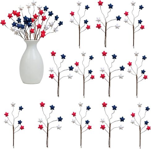 TEMPUS 12PCS 10 Inch 4th of July Star Picks, Patriotic Flocked Artificial Berry Stems, Memorial Day Independence Day Decor for Vase Centerpiece Mantel Wreath DIY Party Decorations in Kuwait