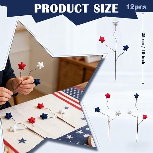 TEMPUS 12PCS 10 Inch 4th of July Star Picks, Patriotic Flocked Artificial Berry Stems, Memorial Day Independence Day Decor for Vase Centerpiece Mantel Wreath DIY Party Decorations in Kuwait