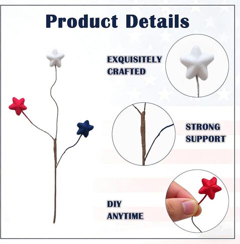 TEMPUS 12PCS 10 Inch 4th of July Star Picks, Patriotic Flocked Artificial Berry Stems, Memorial Day Independence Day Decor for Vase Centerpiece Mantel Wreath DIY Party Decorations in Kuwait
