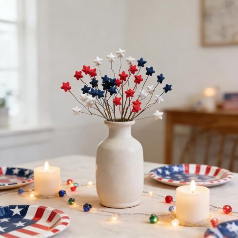 TEMPUS 12PCS 10 Inch 4th of July Star Picks, Patriotic Flocked Artificial Berry Stems, Memorial Day Independence Day Decor for Vase Centerpiece Mantel Wreath DIY Party Decorations in Kuwait