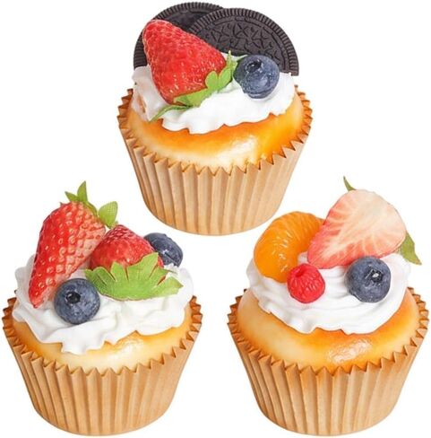 Artificial Cupcake 3 Pack - Realistic Fake Strawberry Cupcake Models, Faux Dessert Props for Bakery Shop, Kitchen, Photography & Party Decoration in Saudi Arabia
