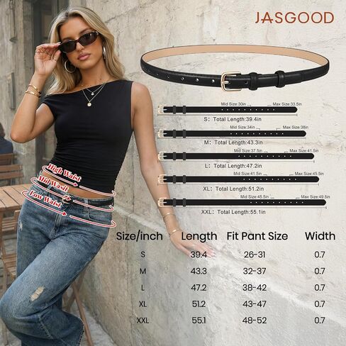 JASGOOD Women Skinny Faux Leather Belt Thin Waist Belt for Women Jeans Dress Fashion Ladies Belt with Gold Buckle,21 Colors in Kuwait