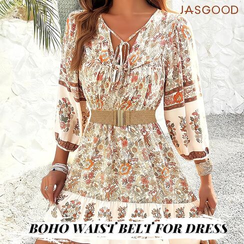 حزام JASGOOD النسائي المنسوج من القش المطاطي، حزام خصر من الخيزران، حزام فساتين صيفية بوهو in Saudi Arabia