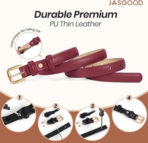 JASGOOD Women Skinny Faux Leather Belt Thin Waist Belt for Women Jeans Dress Fashion Ladies Belt with Gold Buckle,21 Colors in Kuwait