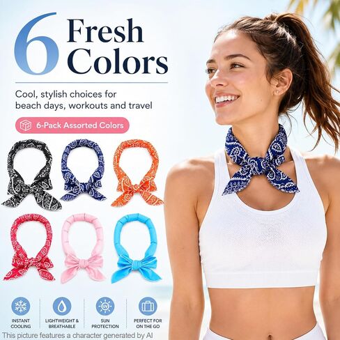 6 Pcs Cooling Neck Wraps Neck Cooler Ice Bandanas Scarf for Hot Weather, Cooling Scarf Ice Bandanas Summer for Men Women Camping Running Outdoor Sports in Kuwait