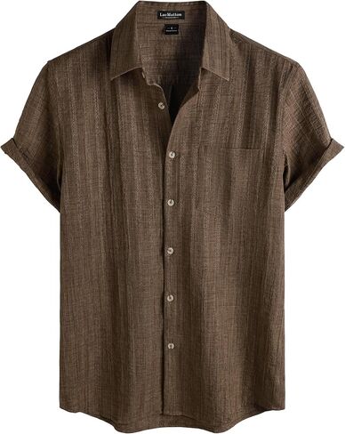 LucMatton Men's Vintage Bohemian Short Sleeve Button Down Shirt Casual Regular Fit Striped Textured Summer Beach Tops in Kuwait