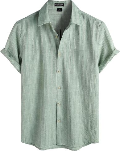 LucMatton Men's Vintage Bohemian Short Sleeve Button Down Shirt Casual Regular Fit Striped Textured Summer Beach Tops in Kuwait