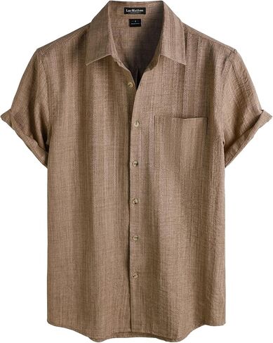 LucMatton Men's Vintage Bohemian Short Sleeve Button Down Shirt Casual Regular Fit Striped Textured Summer Beach Tops in Kuwait
