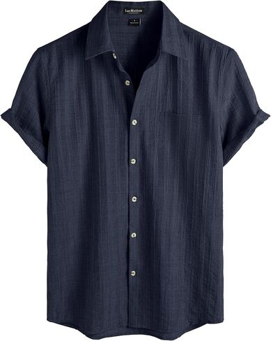 LucMatton Men's Vintage Bohemian Short Sleeve Button Down Shirt Casual Regular Fit Striped Textured Summer Beach Tops in Kuwait