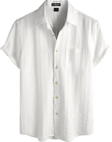 LucMatton Men's Vintage Bohemian Short Sleeve Button Down Shirt Casual Regular Fit Striped Textured Summer Beach Tops in Kuwait