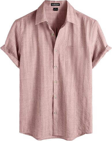 LucMatton Men's Vintage Bohemian Short Sleeve Button Down Shirt Casual Regular Fit Striped Textured Summer Beach Tops in Kuwait