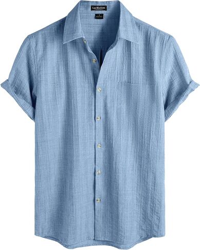 LucMatton Men's Vintage Bohemian Short Sleeve Button Down Shirt Casual Regular Fit Striped Textured Summer Beach Tops in Kuwait