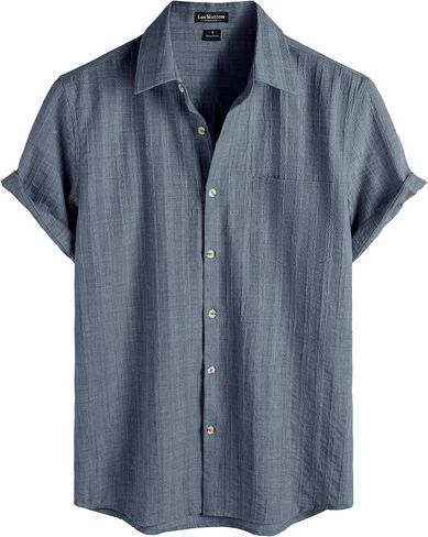 LucMatton Men's Vintage Bohemian Short Sleeve Button Down Shirt Casual Regular Fit Striped Textured Summer Beach Tops in Kuwait