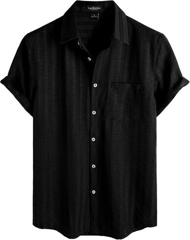 LucMatton Men's Vintage Bohemian Short Sleeve Button Down Shirt Casual Regular Fit Striped Textured Summer Beach Tops in Kuwait