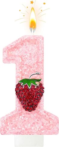 Minyu Strawberry-Shaped Berry Candles, Pink Number Candles, and Glittery Strawberry Cake Decorations, Perfect for Birthday and Anniversary Celebrations. (Number 1) in Saudi Arabia