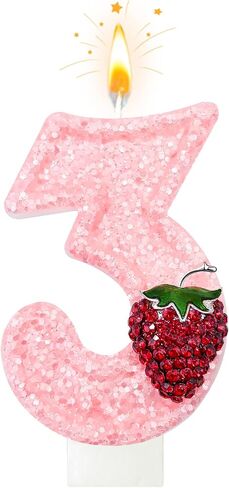 Minyu Strawberry-Shaped Berry Candles, Pink Number Candles, and Glittery Strawberry Cake Decorations, Perfect for Birthday and Anniversary Celebrations. (Number 1) in Saudi Arabia