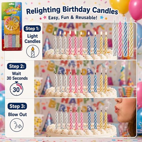 شموع عيد الميلاد السحرية، Relight بعد نفخ شموع الكيك، مفاجأة عيد ميلاد مضحكة (12 متعدد الألوان) in Kuwait