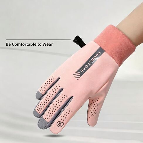 Women's Winter Gloves, Thermal Cold Weather Gloves with Touchscreen Function, Anti-Slip Leather Palm for Cycling, Hiking, Skiing, and Outdoor Sports, Pink & Grey in Kuwait