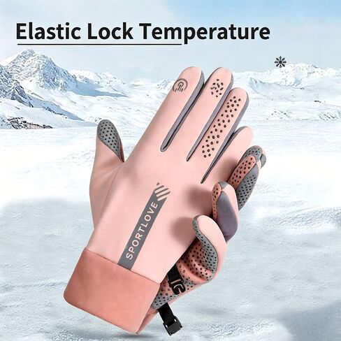 Women's Winter Gloves, Thermal Cold Weather Gloves with Touchscreen Function, Anti-Slip Leather Palm for Cycling, Hiking, Skiing, and Outdoor Sports, Pink & Grey in Kuwait
