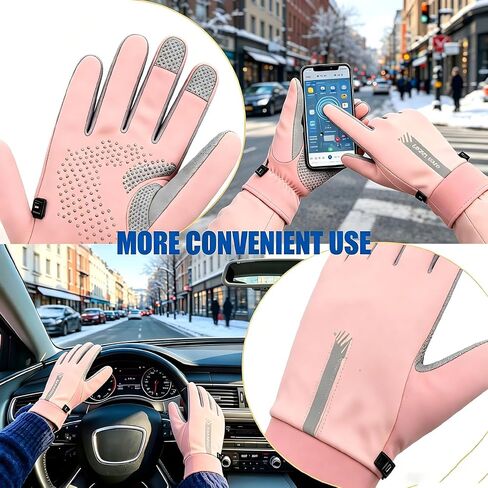 Women's Winter Gloves, Thermal Cold Weather Gloves with Touchscreen Function, Anti-Slip Leather Palm for Cycling, Hiking, Skiing, and Outdoor Sports, Pink & Grey in Kuwait