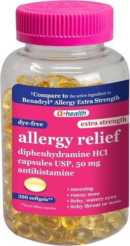 A+Health Dye-Free Extra Strength Allergy Relief Medicine, Diphenhydramine HCl 50mg Softgels, Antihistamine, 300 Count in Kuwait