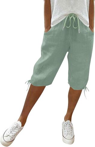 Bermuda Shorts for Women Knee Length Cotton Linen Elastic Waist Drawstring Shorts Summer Capris Pants in Kuwait