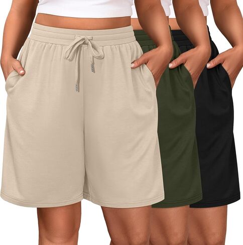 Riyiper 3 Pack Plus Size Women's Bermuda Shorts Wide Leg Baggy Drawstring Knee Length Shorts Casual Athletic SweatShorts in Kuwait