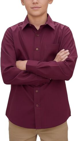 ToBeInStyle Boys’ Juniors Long Sleeve Dress Shirt Solid Button Down Collar Shirt Uniform Top in Kuwait