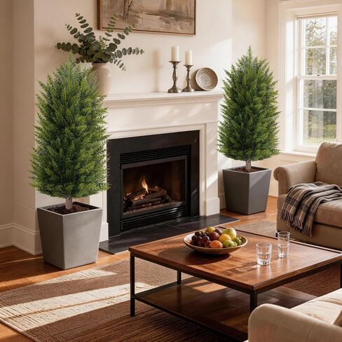 DREAMLOOM 3ft UV-Resistant Artificial Cedar Topiary Tree Faux Cypress Outdoor Fake Pine Plant Shrubs Bushes for Home Garden Porch Entryway, Set of 2 in Saudi Arabia