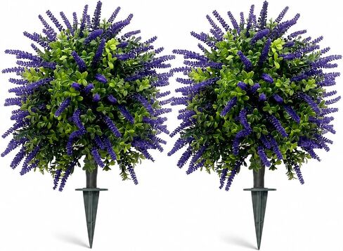 Artificial Lavender Topiary Set of 2, Faux Bushes for Entryway | UV Resistant, Faux Evergreen Bushes, Ground Spike Included, Weatherproof, for Porch, Patio, Entryway in Saudi Arabia