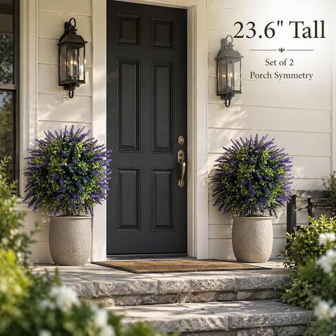 Artificial Lavender Topiary Set of 2, Faux Bushes for Entryway | UV Resistant, Faux Evergreen Bushes, Ground Spike Included, Weatherproof, for Porch, Patio, Entryway in Saudi Arabia