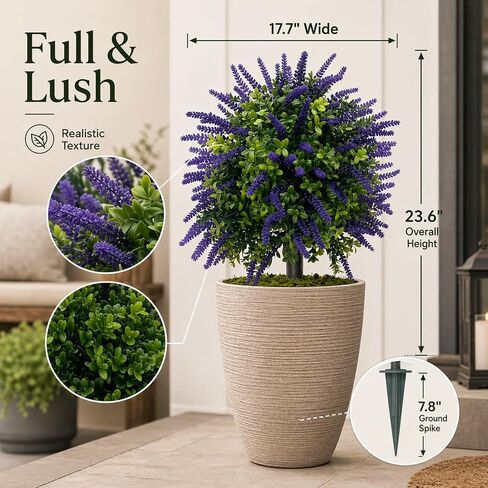 Artificial Lavender Topiary Set of 2, Faux Bushes for Entryway | UV Resistant, Faux Evergreen Bushes, Ground Spike Included, Weatherproof, for Porch, Patio, Entryway in Saudi Arabia