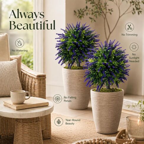 Artificial Lavender Topiary Set of 2, Faux Bushes for Entryway | UV Resistant, Faux Evergreen Bushes, Ground Spike Included, Weatherproof, for Porch, Patio, Entryway in Saudi Arabia