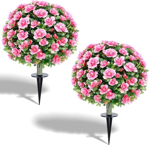 24''Artificial Flowers for Outdoors,2 Pack Topiary Ball Trees Fake Outdoor Plants with Ground Spike,UV Resistant Faux Shrubs for Garden,Porch,Front,Patio,Pink Crabapple Blossoms in Saudi Arabia