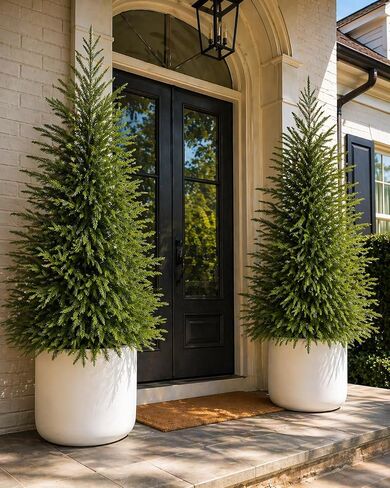 5FT Lighted Topiary Trees Artificial Outdoor Set of 2, UV-Resistant Artificial Outdoor Trees, Tall Pre Lit Faux Evergreen Topiary Trees with Planters for Front Porch Entryway Patio Decor in Kuwait