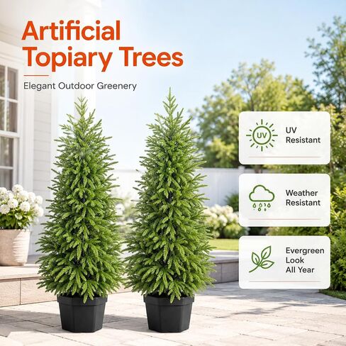 5FT Lighted Topiary Trees Artificial Outdoor Set of 2, UV-Resistant Artificial Outdoor Trees, Tall Pre Lit Faux Evergreen Topiary Trees with Planters for Front Porch Entryway Patio Decor in Kuwait