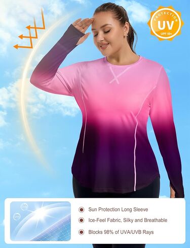 FOREYOND Women’s Plus Size UPF 50+ Long Sleeve Sun Shirt with Thumb Holes Quick Dry Athletic Hiking Running Workout Tops in Kuwait