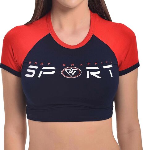 BODY GRAFFITI Women's Raglan Color Block Crop Tops - Crew Neck Short Sleeve Slim Fit Cropped Tees with Sport Emblem Print in Saudi Arabia