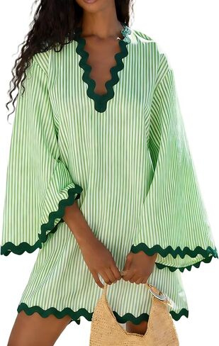 VAOYIU Women's Boho Striped V-Neck Dress Flowy Bell Sleeves Cover Up with Wavy Trim Beach Resort Kaftan Style in Saudi Arabia