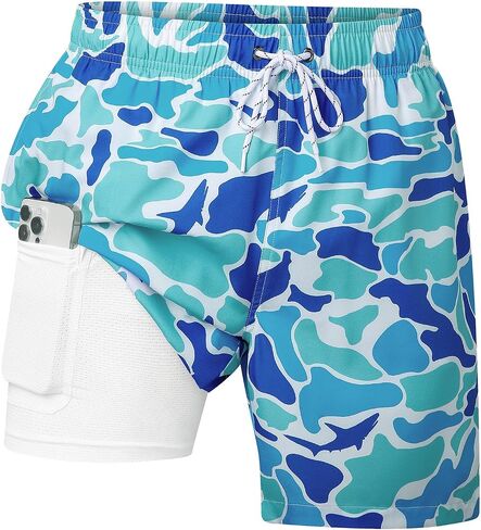 Mens Swim Trunks with Compression Liner 7 Inch, 2 in 1 Quick Dry Bathing Suit Short with Pockets in Kuwait