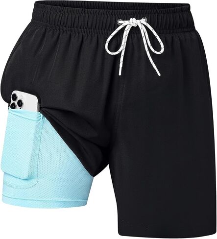 Mens Swim Trunks with Compression Liner 7 Inch, 2 in 1 Quick Dry Bathing Suit Short with Pockets in Kuwait