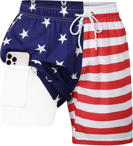 Mens Swim Trunks with Compression Liner 7 Inch, 2 in 1 Quick Dry Bathing Suit Short with Pockets in Kuwait