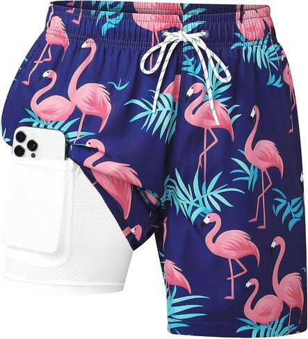 Mens Swim Trunks with Compression Liner 7 Inch, 2 in 1 Quick Dry Bathing Suit Short with Pockets in Kuwait