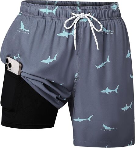 Mens Swim Trunks with Compression Liner 7 Inch, 2 in 1 Quick Dry Bathing Suit Short with Pockets in Kuwait