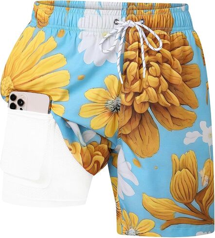 Mens Swim Trunks with Compression Liner 7 Inch, 2 in 1 Quick Dry Bathing Suit Short with Pockets in Kuwait