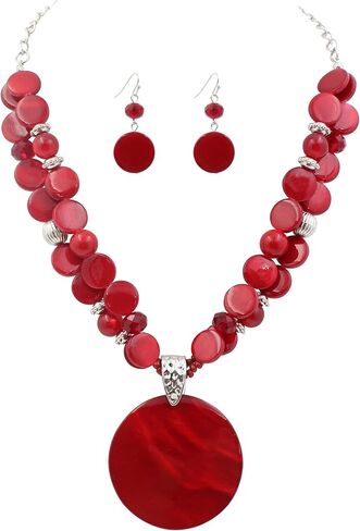 Statement Chunky Beaded Necklace and Earrings Set for Women Circle Shell Pendant Choker Necklace Set Costume Jewelry for Women in Saudi Arabia