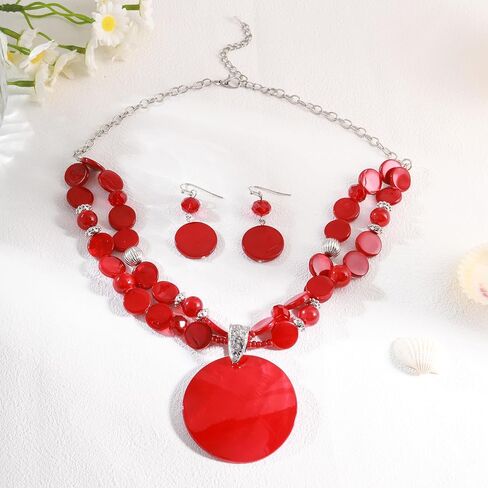 Statement Chunky Beaded Necklace and Earrings Set for Women Circle Shell Pendant Choker Necklace Set Costume Jewelry for Women in Saudi Arabia