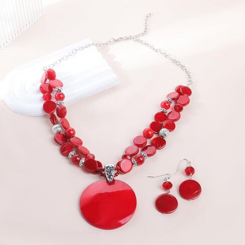 Statement Chunky Beaded Necklace and Earrings Set for Women Circle Shell Pendant Choker Necklace Set Costume Jewelry for Women in Saudi Arabia