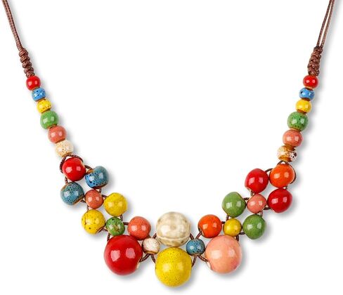 Boho Hippie Colorful Ceramic Beads Strand Necklace for Women Chunky Bohemian Fashion Statement Beaded Necklace Beachy Party Thanksgiving Autumn Accessories Gift for Women in Kuwait