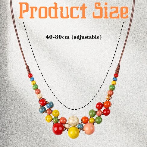 Boho Hippie Colorful Ceramic Beads Strand Necklace for Women Chunky Bohemian Fashion Statement Beaded Necklace Beachy Party Thanksgiving Autumn Accessories Gift for Women in Kuwait